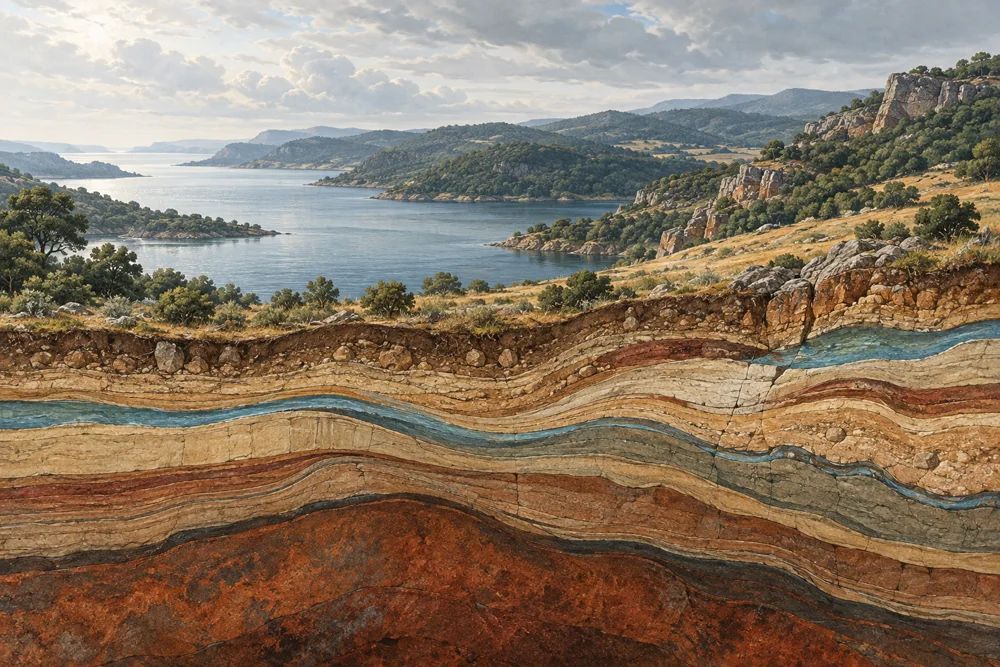 Ilustración de un paisaje ibérico y las capas de roca y agua bajo su superficie.